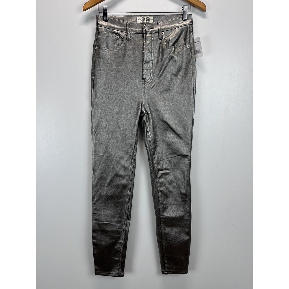 NEW! We the Free People High Rise Metallic Jeans Pants Sz 28 Silver Faux Leather